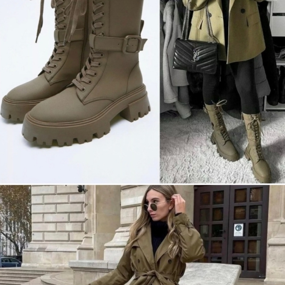 Zara lug sole military waxed finish combat boots green finish!
